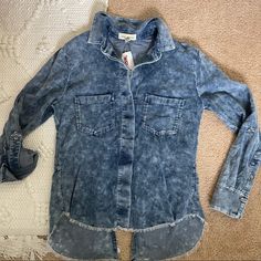 Corduroy Ribbed Velvet Button Up. Jean Washed Look, Size Small. Never Worn New With Tags Distressed Button-up Tops For Fall, Dark Wash Button-up Tops For Winter, Denim Blue Button-up Tops For Winter, Winter Washed Button-up Top, Winter Button-up Washed Top, Acid Wash Denim Tops For Fall, Fall Acid Wash Denim Tops, Distressed Washed Blue Button-up Top, Washed Blue Button-up Top With Frayed Hem