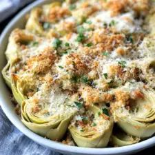 a white bowl filled with artichokes covered in cheese and parmesan