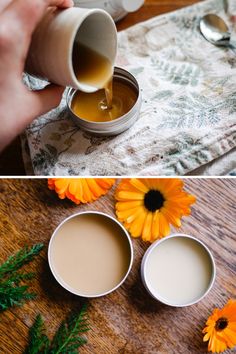 two pictures with flowers and tea being poured into cups