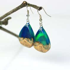 two blue and green tear shaped earrings hanging from a twig on a tree branch