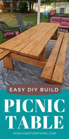 an easy diy build picnic table made out of pallet wood with text overlay that reads, easy diy build picnic table