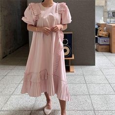 Brand Name: RUGODDecoration: Cascading RuffleStyle: Office LadyMaterial: CottonMaterial: PolyesterOrigin: CN(Origin)Model Number: dy0001Gender: WOMENWaistline: Natural FactorsPattern Type: SolidDresses Length: Ankle-LengthSilhouette: LOOSEAge: Ages 18-35 Years OldNeckline: O-NeckSleeve Style: RegularSleeve Length(cm): ShortSeason: Spring/Autumn Spring Mid-length Dress With Pleated Hem, Summer Midi Length Pleated Dress, Summer Midi Pleated Dress, Summer Midi Dress With Pleated Skirt, Spring Pleated Mid-length Dresses, Spring Mid-length Pleated Dresses, Pink Dresses With Folds For Spring, Pink Summer Dress With Folds, Spring Maxi Dress With Folds