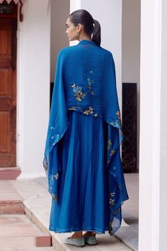 Sapphire blue anarkali with thread applique embroidery in floral pattern. Paired with dupatta. - Aza Fashions Blue Embroidered Saree Dress, Embroidered Blue Saree Dress, Bohemian Blue Anarkali Set For Eid, Blue Bohemian Anarkali Set For Wedding, Blue Chikankari Embroidered Dress With Traditional Drape, Blue Anarkali Set With Floral Embroidery, Bohemian Blue Anarkali Set With Chikankari Embroidery, Bohemian Blue Embroidered Anarkali Set, Blue Bohemian Kurta With Dupatta