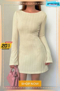 Casual Basic Backless Knitted Fare Sleeve Women Dresses Mini Solid Fashion Chic Bodycon Autumn Dress Elegant Outfits Beige Long Sleeve Bodycon Dress, Non-stretch Winter Bodycon Dress, Beige Long Sleeve Stretch Mini Dress, Beige Bodycon Sweater Dress For Party, Beige Bodycon Mini Dress For Winter, Beige Stretch Mini Dress For Winter, Beige Long Sleeve Winter Bodycon Dress, Winter Bodycon Mini Dress In Beige, Casual Beige Bodycon Dress