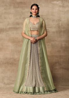 Aisha Rao | Blue & Yellow Embellished Lehenga Set | INDIASPOPUP.COM Green Chiffon Skirt, Orang India, Cape Lehenga, Ridhi Mehra, Nikkah Dress, Gaun Fashion, Embroidered Crop Tops, Blouse Skirt, Indian Dress