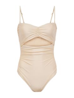 A peekaboo cutout puts an alluring spin on the Lily one-piece swimsuit, now in a versatile neutral . Detachable straps can be attached at the shoulders for a traditional look or at the center front for a halter-like effect. A ruched bodice creates a beautiful sweetheart neckline. Front ruching creates a flattering fit. Four-way stretch nylon and moderate coverage allow for complete freedom of movement. | L'AGENCE Lily Cut-Out One-Piece Swimsuit In Champagne One-pieces With Built-in Bra For Pool, One Pieces With Built-in Bra For Pool, Chic Ruched Swimwear With Underwire, Chic Ruched Underwire Swimwear, Chic Underwire Bodysuit For Poolside, Elegant Cutout Backless Swimwear, Elegant Backless Cutout Swimwear, Elegant Cutout Sleeveless Swimwear, Elegant Sleeveless Cutout Swimwear