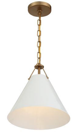 a light fixture with a white shade hanging from it's center point and chain on the bottom