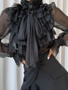 CORAL Bowknot Ruffle Blouse in Black – ZCRAVE Ruffles In Nature, Frilly Blouse Ruffles, Theatrical Romantic Style Casual Edgy, Ruffled Sleeves Blouse, Outfit Madrina, Ruffle Blouse Outfit, Beautiful Blouses For Women, Ruffle Blouse Designs, Couture Blouse