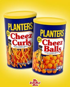 two cans of planters cheez curls are shown in this ad for planters