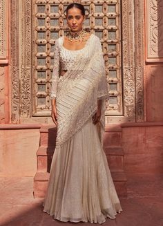 Ivory Pre-Draped Lehenga Georgette Saree With Blouse Nidhika Shekhar - Fabilicious Fashion Drape Lehenga, Lehenga Sari, Fish Cut, Sari Lehenga, Drape Sarees, Georgette Saree With Blouse, Full Sleeve Blouse, Drape Saree, Ready To Wear Saree