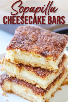 three pieces of cheesecake bars stacked on top of each other with the title overlay