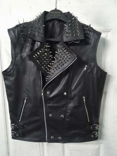 Crafted Leather Men Spiked Studded Leather Vests Biker Studded Jacket on Storenvy Studded Leather Vest, Leather Vests, Battle Jacket, Studded Jacket, Leather Vest, Studded Leather, Workout Jacket, Punk Fashion, Leather Craft