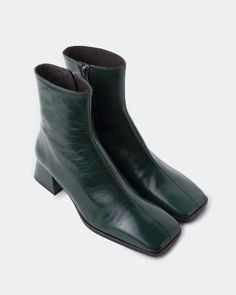 Detail(s): Square Toe 1.5'' Heel Medial Side Zip Closure 12'' Ankle Circumference  Material(s): Leather Upper  Leather Lining Handmade in Spain Color(s):  Dark Green Emerald Shoes, Green Ankle Boots, Shoe Inspo, Green Leather, Pretty Things, Side Zip, Dark Green, Leather Upper, Ankle Boots