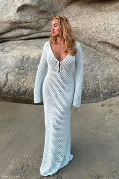 Kayleigh Crochet Fishtail Flare Sleeve Maxi Dress - Arctic Blue - MESHKI U.S Blue V-neck Crochet Dress For Vacation, Dress With Flared Sleeves, Dresses Date Night, Flare Sleeve Dress, Crochet Maxi Dress, Plain Outfits, Crochet Maxi, Arctic Blue, Date Night Dresses