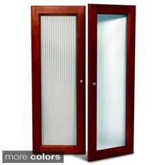 an open wooden door with blinds on the glass and wood frame, in front of a white background