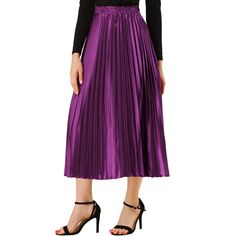 Accordion pleats enhance the dimension and movement of this midi skirt, while the metallic design underscores its sleek style. It's pleated all around for this trending midi skirt. Feel free to pair it with black block-heel sandals. Whether you're dressing up or down, this skirt is perfect for any occasion. A casual and simple style, never out of fashion, is a must-have item in your wardrobe. This fashionable and trendy clothes for women can not only be worn daily, but can also be easily matched Purple Pleated Skirt, Black Block Heel Sandals, Metallic Pleated Skirt, Accordion Pleats, Skirt Purple, Metallic Design, Pleated Long Skirt, Metallic Skirt, Party Skirt