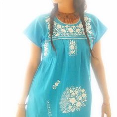 Mexican Embroidered Dress Handmade Color Turquoise White Embroidery Floral Birds Traditional Mexico Indigenous Embroidery Hand Stitched Aida Coronado With Love Mexican Embroidered Dress, Mexican Dress, Embroidery Hand, Mexican Dresses, Embroidery Floral, Dress Handmade, Mexican Culture, Aqua Turquoise, Color Turquoise