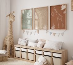 an interior mockup with pillows and stuffed giraffe