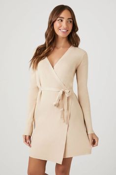 Sweater Mini Wrap Dress Fitted Long Sleeve Belted Dress For Fall, Fall Mini Dress With Tie Waist And Surplice Neckline, Chic Long Sleeve Belted Dress For Fall, Long Sleeve Faux Wrap Dress For Fall, Chic Long Sleeve Faux Wrap Dress, Faux Wrap Long Sleeve Dress For Fall, Chic V-neck Belted Dress For Fall, Fall Long Sleeve Faux Wrap Dress, Faux Wrap V-neck Dress For Fall