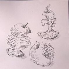 three different types of fruit are shown in this drawing, one is an apple and the other has a skeleton