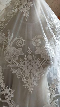 Ivory Alencon Sequined Lace Fabric Big Rose Embroidered Wedding Lace Fabric Dress Coat Fabric 51 Inc Lace Fabric Dress, Wedding Dress And Veil, Bolero Wedding, Bridal Lace Fabric, Wedding Dress With Veil, Alencon Lace, Victorian Wedding, Wedding Lace, Beaded Wedding