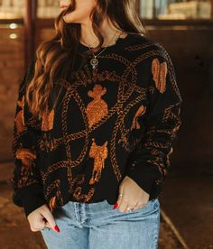 Reversible sweater top ! Graphic Print Knit Sweater For Fall, Fall Graphic Print Knit Sweater, Trendy Fall Crew Neck Knit Top, Trendy Crew Neck Knit Top For Fall, Oversized Knit Tops With Graphic Print, Graphic Print Knit Tops For Fall, Fall Crew Neck Knit Top For Loungewear, Cowboy Sweater, Boho Western Style