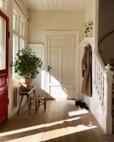 a cat is sitting on the floor in front of a red door and some stairs