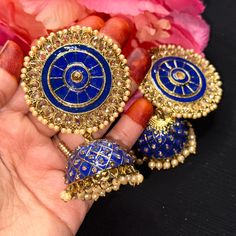 Brand New Gorgeous Oversized High Quality Indian Earrings. Gorgeous Golden Stones & Royal Blue Beaded Work Round Shaped On Top & Jhumka On Bottom Perfect For Any Occasions. Blue Chandbali Danglers For Festive Season, Blue Chandbali Traditional Danglers, Festive Blue Chandbali Danglers, Blue Chandbali Earrings With Latkans, Blue Kundan Chandbalis, Blue Kundan Chandbalis With Latkans, Blue Chandbali Danglers With Latkans, Blue Chandbalis With Latkans, Blue Chandbali Danglers For Diwali