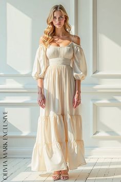 Olivia Mark - Elegant Off-the-Shoulder Tiered Maxi Dress with Puffed Sleeves Ethereal Fabric, Dress With Puffed Sleeves, Quiet Beauty, Tiered Maxi Dress, The Quiet, Puffed Sleeves, Shoulder Design, Tiered Skirt, Cinched Waist