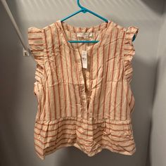 Brand New Shirt From The Loft With Tags, Peplum Style That Buttons Up The Front, Beautiful Fall Tones Of Cinnamon, Navy, Pink, And Cream Orange Sleeveless Ruffled Top, Orange Ruffled Top For The Beach, Orange Ruffled Top For Beach, Orange Ruffled Tops For Vacation, Orange Summer Top With Ruffles, Summer Orange Top With Ruffles, Summer Orange Tank Top, Casual Orange Ruffled Top, Orange Sleeveless Cotton Top