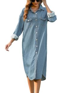 PRICES MAY VARY. 【Material】: Long denim shirt dress is made of 95% Cotton and 5% Polyester,breathable and soft denim material. 【Features】: Denim dress for women long sleeve/button down denim dress/Denim button down shirt dress/Loose fit and lapel collared/Over the knee length/Casual midi jean dress/For spring summer fall and winter. 【Match】: Midi jean shirt dress is perfect to match with leggings,sneakers,high heels or casual boots. 【Occasions】: Outdoor/Work/School/Daily wear/Home/Lounge out/Str Long Denim Shirt Dress, Long Denim Shirt, Leggings Sneakers, Button Down Denim Dress, Jean Shirt Dress, Shirt Dress Long Sleeve, Shirt Dress Long, Midi Jeans, Jean Shirt