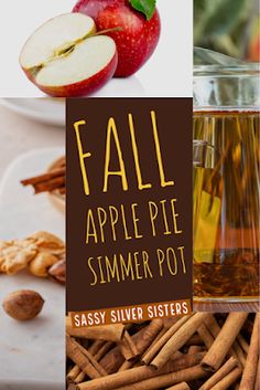 apples, cinnamon sticks, and apple cider are featured in this collage with the words fall apple pie summer pot