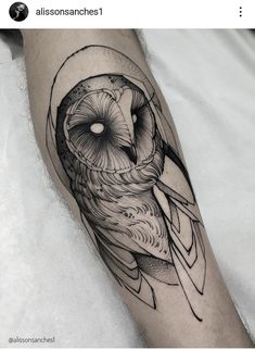 an owl tattoo on the left arm and leg is shown in black and grey ink