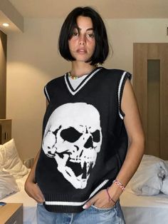 Stay warm and stylish this fall with this women's v neck grunge gothic skeleton loose-fit fall sleeveless sweater. crafted with premium quality nylon and acrylic, this stylish sweater is perfect to rock your goth look. shop now! Spring Knitwear, Skull Sweater, Casual Knitwear, Sleeveless Sweater Vest, Vintage Jumper, Women Sweaters Winter, Streetwear Tops, Loose Pullover, 90s Grunge