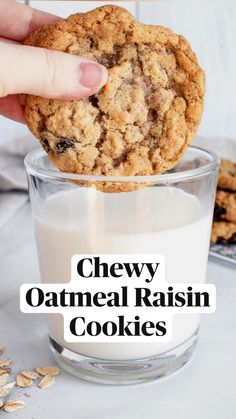 chewy oatmeal raisin cookies in a glass of milk with text overlay