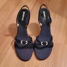 Dark Blue Denim Like Fabric And Navy Blue Leather Soles. Heeled Sandals. Pretty Rhinestone In The Middle. Never Worn Just Tried On. Denim Open Toe Sandals For Party, Spring Formal Denim Heels, Elegant Denim Heels With Round Toe, Summer Evening Denim Heels, Elegant Denim Heels For Summer, Denim Open Toe Heels With Heel Strap, Denim Heels With Heel Strap And Open Toe, Rose Gold Block Heels, Gold Block Heels