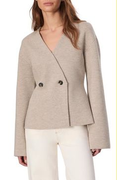 Exemplify the softer side of office dressing in this double-breasted cardigan knit from a blend of extra-fine merino wool. 24 1/2" length Double-breasted button closure V-neck Long sleeves 79% wool, 19% nylon, 2% spandex Dry clean Imported Double Breasted Cardigan, Rib Knit Cardigan, Cardigan Knit, Chic Sweaters, Collar Cardigan, Favorite Daughter, Ribbed Cardigan, White Cardigan, Rag And Bone