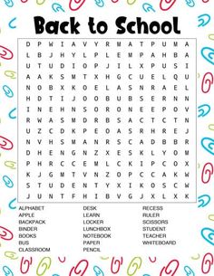 the back to school word search is shown in black and white, with colorful letters