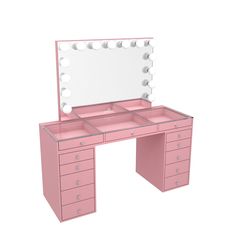 a pink vanity table with drawers and a mirror on the top, all lit up