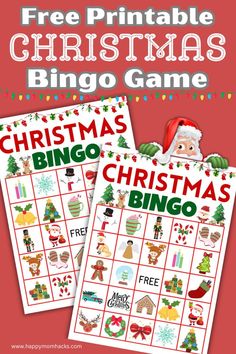 two christmas games for kids to play with the free printable christmas bingo game on red background