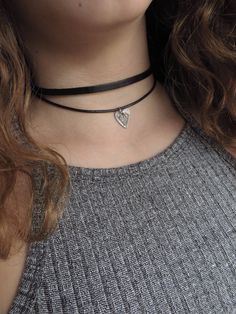 "Black Heart Choker, Leather Choker, Heart Choker Necklace, Double Wrap Choker, Layering Black Choker, Silver Heart Choker, Wrap Necklace ❤ BUY ANY 2 ITEMS ANS GET 15% OFF!! (USE COUPON CODE '15OFF') ❤ ❤ BUY ANY 4 ITEMS ANS GET 20% OFF!! (USE COUPON CODE '20OFF') ❤ ❤ BUY ANY 6 ITEMS AND GET 25% OFF!! ((USE COUPON CODE '25OFF') ❤ Complete any outfit with this unique gorgeous fashionable and trendy punk leather heart double layering choker necklace! Made from 5mm and 1mm leather cord, heart charm