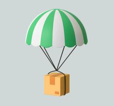 a green and white parachute with a cardboard box attached to it's side, on a gray background