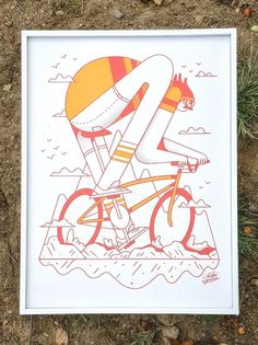 a drawing of a man riding a bike on the ground with an orange and yellow helmet