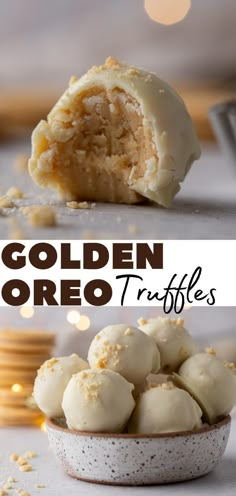 golden oreo truffles in a white bowl and on a table with cookies