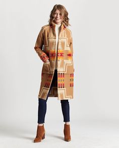 A Vintage Women's Coat Style From Our Archives, Re-Imagined For Today In An Updated Fit. Made In The USA Of Our Warm, Blanket-Weight Harding Jacquard Fabric, With Impeccable Pattern Matching Across Every Seam. Button Placket, Patch Front Pockets And Button-Tab Details At Cuffs. Unlined Interior With Taped Seams Allows The Beauty Of The Fabric To Show Through. Pure Virgin Wool/cotton Fabric Woven In Our American Mills Dry Clean Made In USA | WOMEN'S HARDING ARCHIVE BLANKET COAT Blanket Jacket, Outdoor Coats, Pendleton Woolen Mills, Blanket Coat, Wool Clothing, Pattern Matching, Fall Coat, Jacquard Fabric, Women's Coat