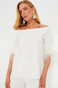 White Feather Miranda Off The Shoulder Blouse Elegant Feathered Evening Tops, Spring Evening Tops With Feather Trim, Chic Fitted Feather Top, Elegant Feather Tops For Summer, Chic Spring Tops With Feather Trim, Chic Summer Top With Feather Trim, Chic Summer Tops With Feather Trim, Chic Evening Top With Feathers, Chic Fitted Feathered Tops