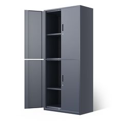 an empty metal storage cabinet with two doors on the front and one door open to reveal it's contents