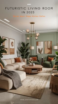 a living room filled with lots of furniture next to green walls and potted plants