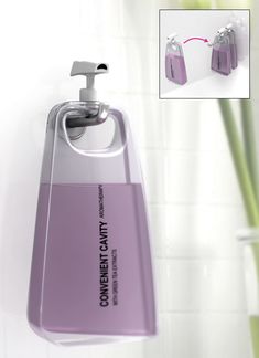 a purple soap dispenser hanging from the wall