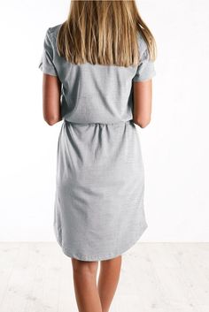 Gray Pocketed Drawstring Waist Mini Dress Summer Short Sleeve Midi Dress With Drawstring, Summer Midi Dress With Drawstring And Short Sleeves, Short Sleeve Midi Dress With Drawstring For Summer, Casual Solid Mini Dress With Pockets, Casual Gray Summer Midi Dress, Casual Gray Midi Dress For Summer, Casual Cotton Mini Dress With Tie Waist, Casual Midi Dress With Drawstring For Day Out, Casual Midi Dress With Drawstring For Daywear